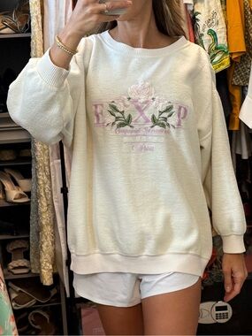 Vintage Express Athlétique Paris Cream Pullover with Floral Trim